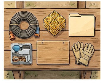 Camp host preparation gear including sewer hose, leveling blocks, and pet vaccination records