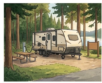 RV parked at a volunteer camp host site with electric and water hookups in a forest campground