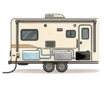 Diagram of RV water and power hookup systems including fresh, gray, and black tanks
