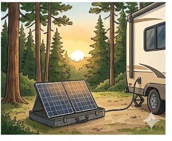 Portable solar panel setup powering an RV at a dry camping host site with no hookups
