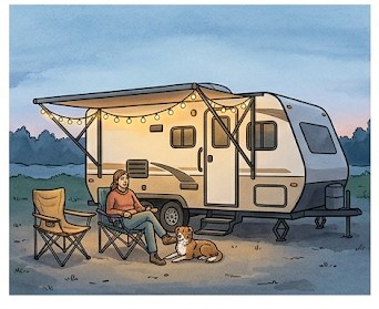 Solo RV traveler relaxing at a well-lit campground host site in the evening with a dog